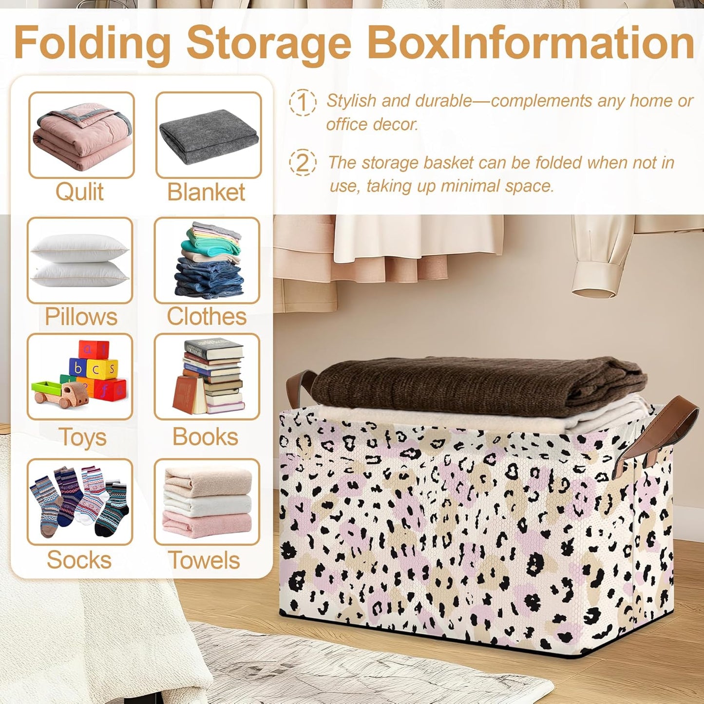 32L Large Storage Bins with Handles, Basket Organizer for Shelves, Closet, Books, Laundry & Home Decor (Pink Leopard Print)