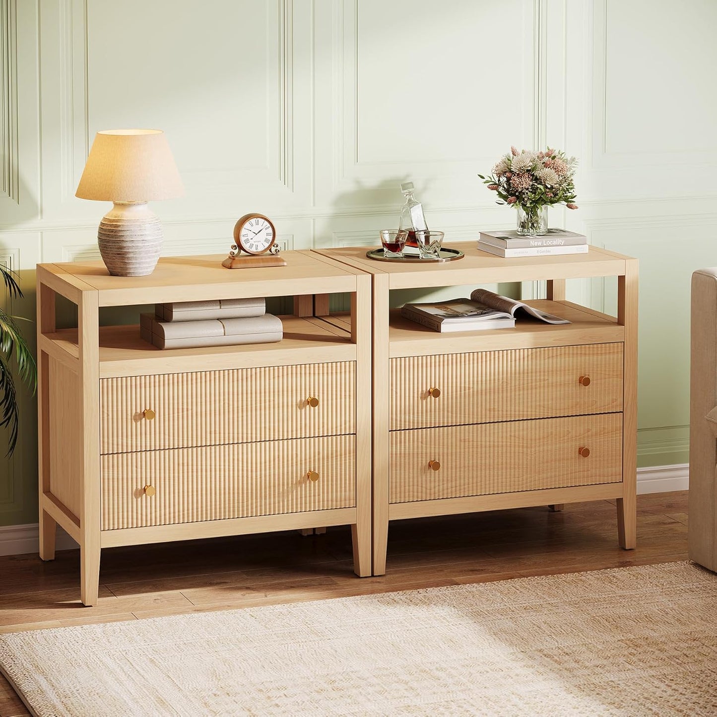 Tribesigns Modern Nightstand, 2-Drawer Nightstand with Open Storage Shelf, 29.52-Inch Wide Bedside Table Large Night Stand for Bedroom, Living Room, Oak (2)