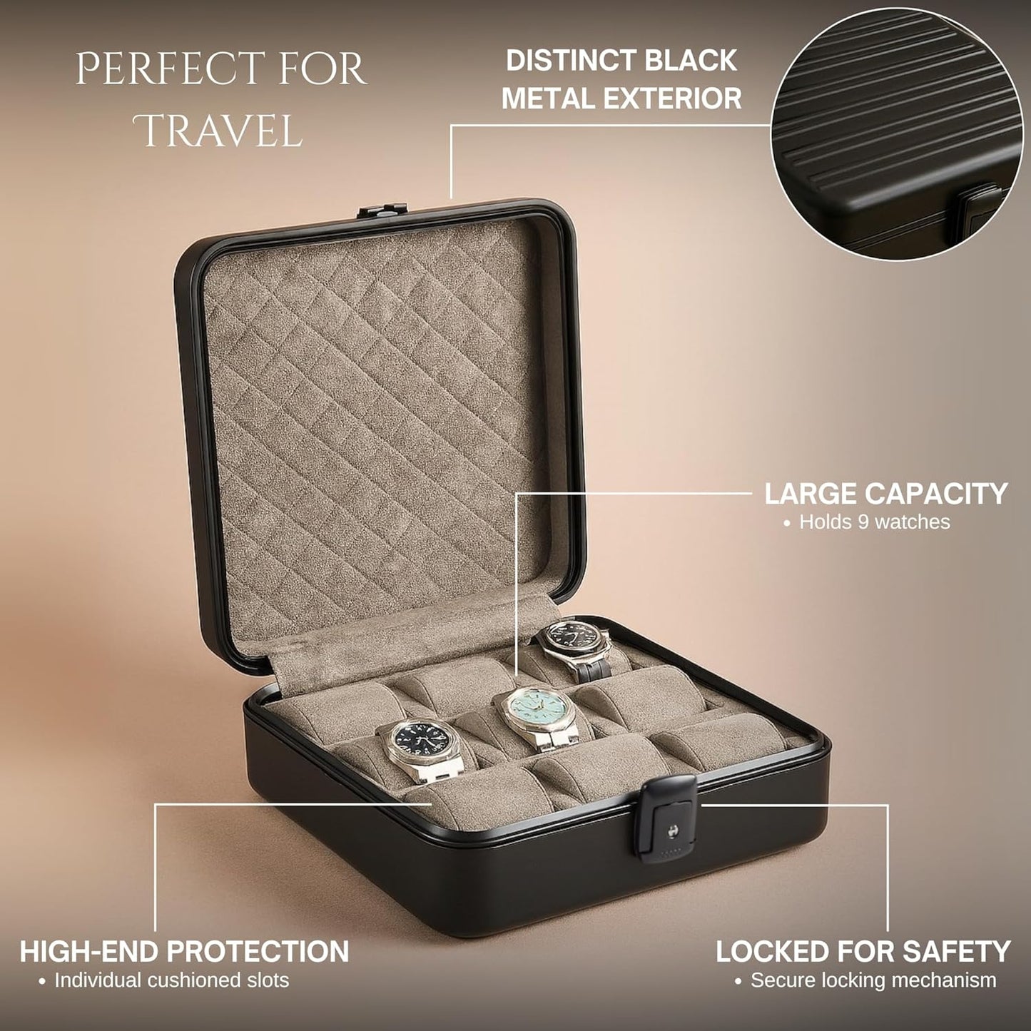 Bey-Berk Prague Aluminum Watch Case in Matte Black – 9-Slot Locking Travel Box with Soft Interior for Watch Storage
