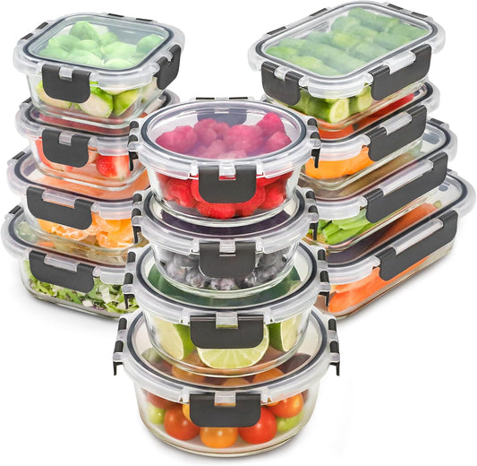 Freshware Glass Storage Containers with Lids, 24 Pieces, 12 Containers with 12 Lids, Glass Meal Prep Container for Lunch, Food Storage Containers, Leak Proof, Freezer Safe, Clear
