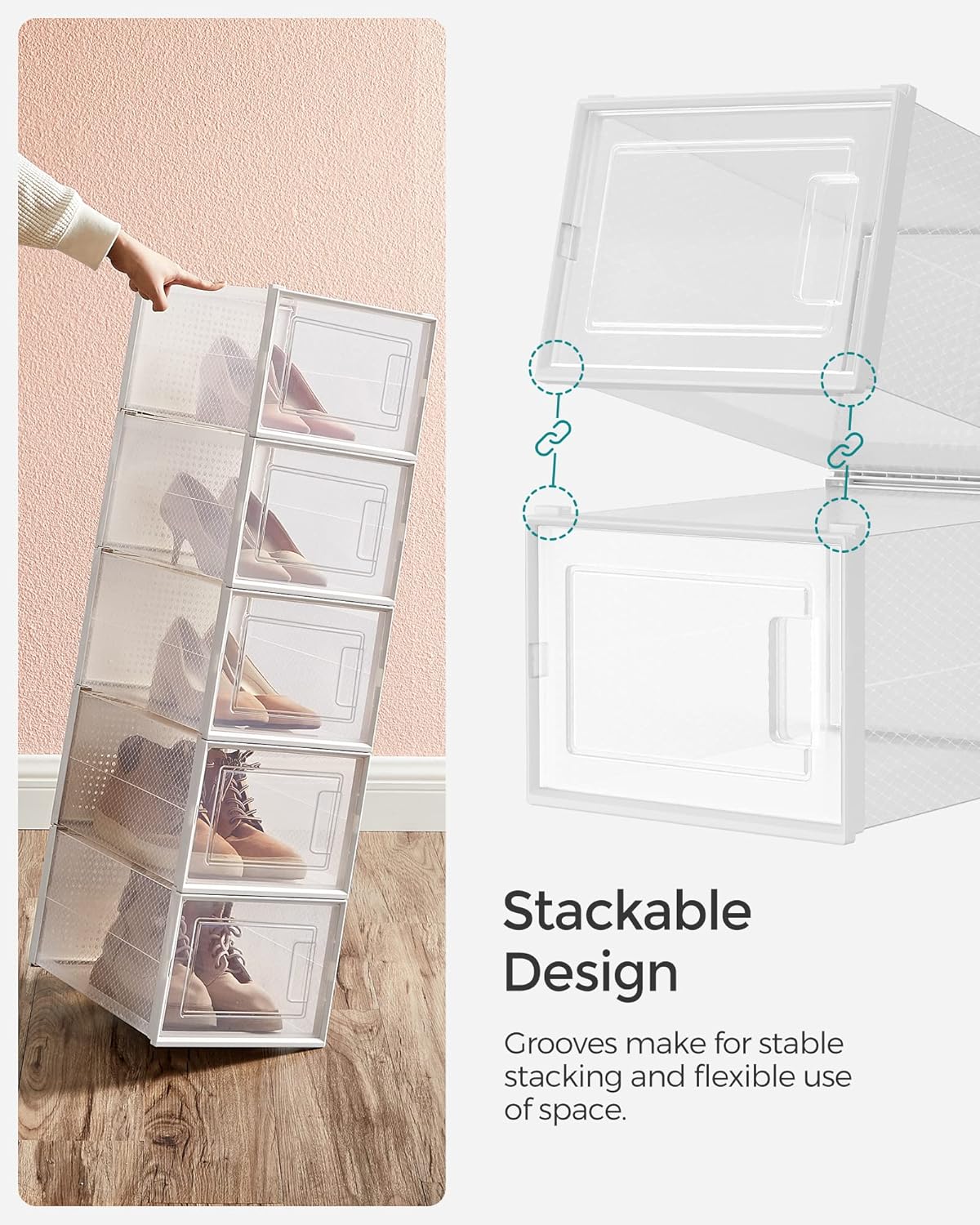 SONGMICS Shoe Boxes, Pack of 18 Shoe Storage Organizers, Stackable Clear Plastic Boxes for Closet, Sneakers, 13.7 x 9.9 x 7.4 Inches, Transparent and White ULSP18MWT