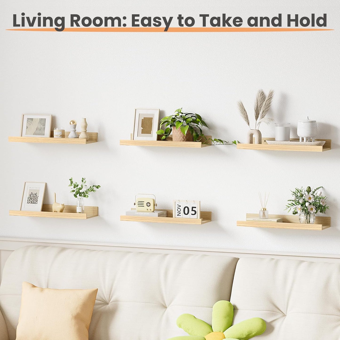 upsimples Floating Shelves for Wall, Wall Shelves for Decor Storage Set of 6, Wall Mounted Wood Shelf for Bedroom, Living Room, Bathroom, Kitchen, Picture Ledge Shelves, Natural