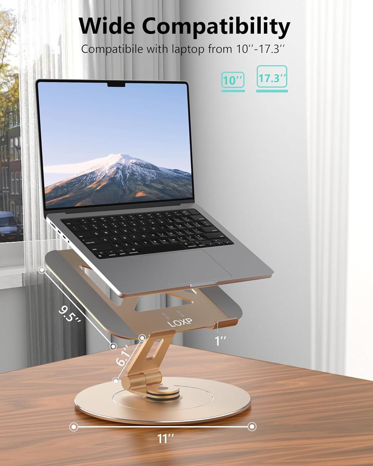 Ultra-Stable Swivel Laptop Stand for Desk，300% Larger Base Stability Military-Grade Aluminum Anti-Loosening Structure - Height Adjustable Laptop Stand Suitable for 10-17.3 inch，Golden