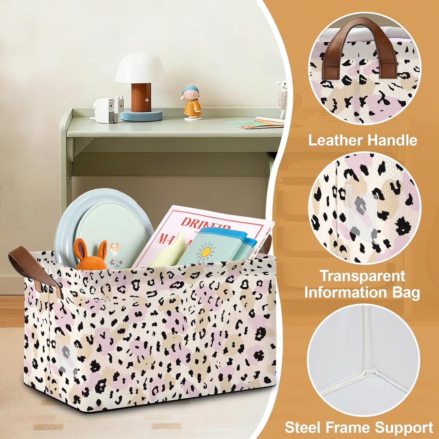 32L Large Storage Bins with Handles, Basket Organizer for Shelves, Closet, Books, Laundry & Home Decor (Pink Leopard Print)