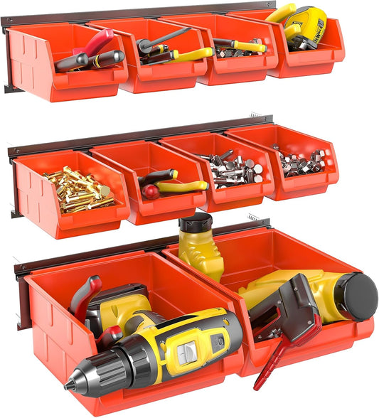 WALMANN Wall Mounted Storage Bins for Small Parts, 10 Bins with 3 Metal Rails, Plastic Bins for Screws, Bolts, Nuts, Craft Room, Workshop, and Garage Wall Storage Bins(Orange-red)