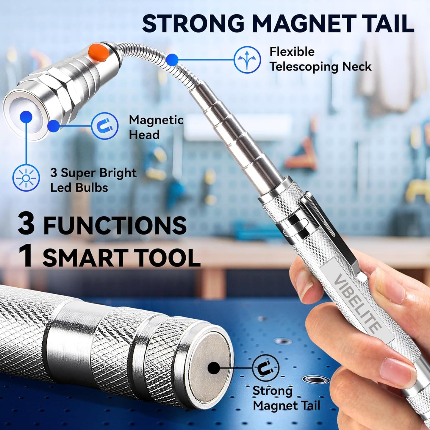 VIBELITE Extendable Magnetic Flashlight with Telescoping Magnet Pickup Tool-Cool Gadget Christmas Gifts Stocking Stuffers for Men, Teen Boys, Husband, Dad, Father, Mechanic, Him, Women, Silver