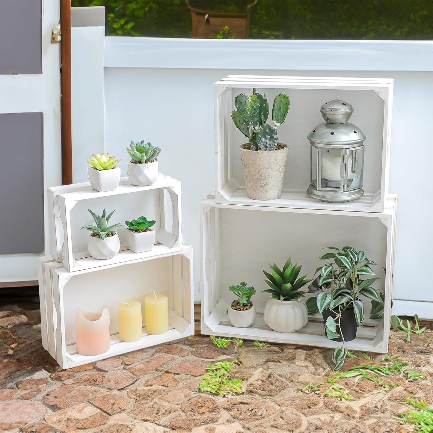 Set of 4 Large Wooden Decorative Storage Crates, Whitewashed Nesting Wooden Crates for Display Rustic, Farmhouse Wood Storage Container Boxes Made from 100% Wood