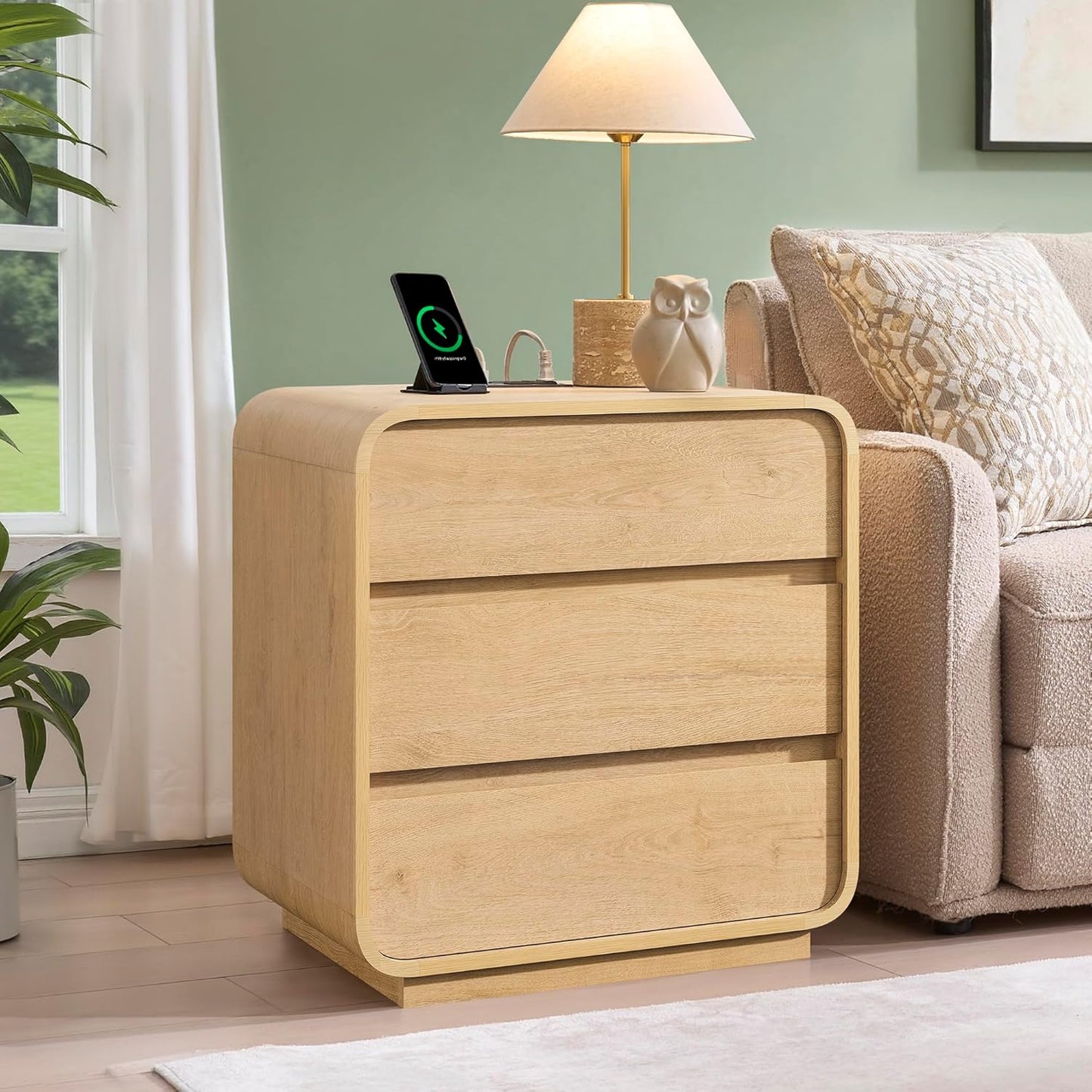 Natural Curved Nightstand Set of 2, 23.2" Large Wood Bedside Table with 3 Drawers, Charging Station, Modern Side Table, Mid-Century End Table Night Stand for Bedroom Sofa,