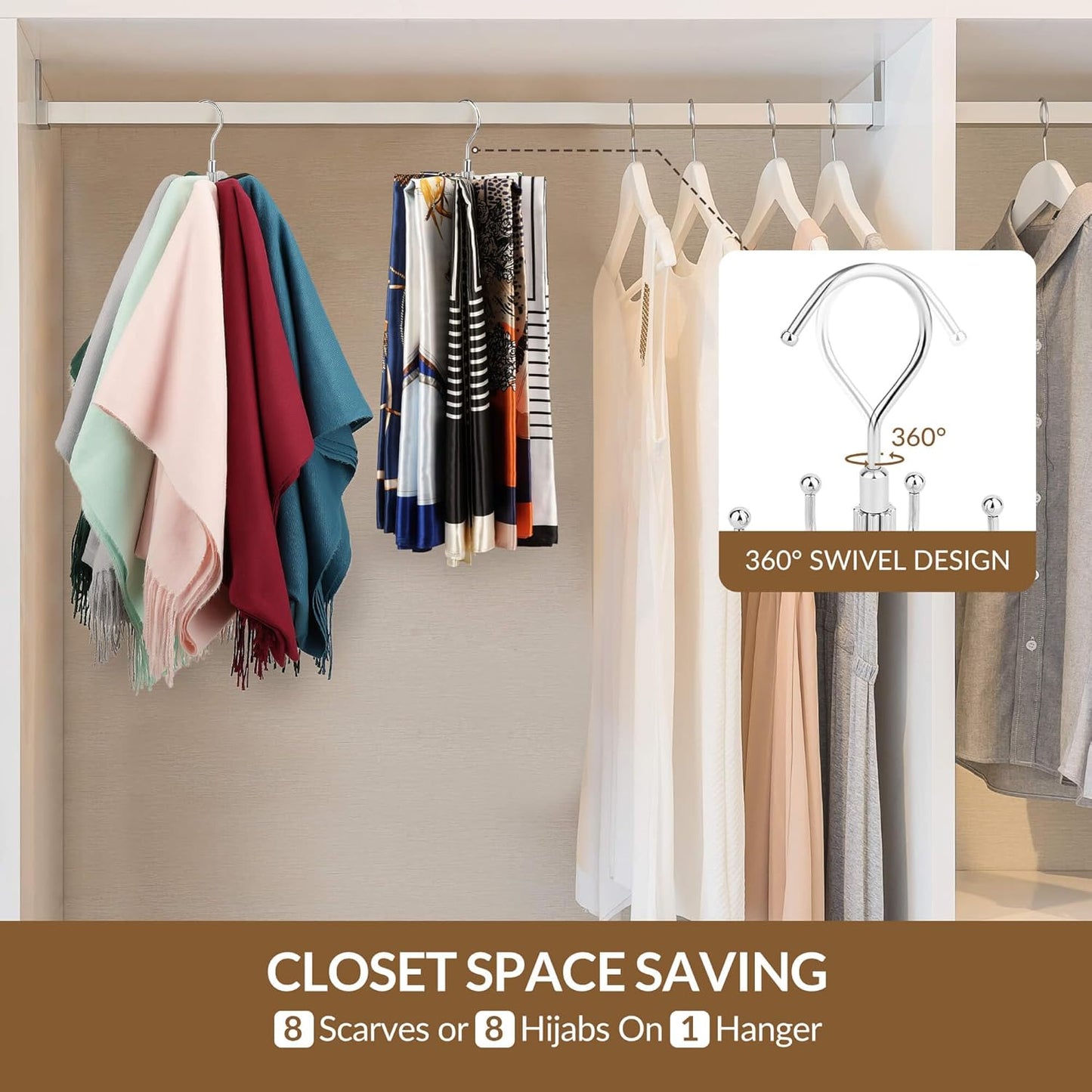 ZEDODIER 2 Pack Scarf Organizer Scarf Hanger for Closet, Rotatable Sturdy Hijab Holder Holds 16 Scarves, Metal Space Saving Closet Organizers and Storage, Silver