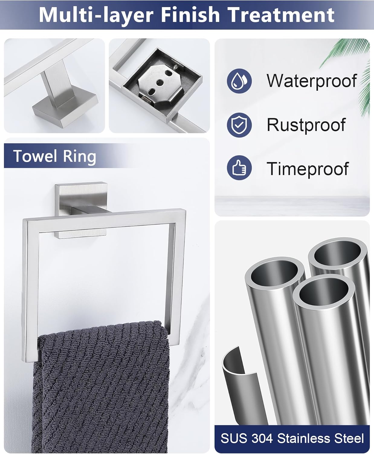 Brushed Nickel Bathroom Hardware Set 4 Pieces, Toilet Paper Holder Set SUS304 Stainless Steel Bath Hand Towel Ring for Bathroom Hardware Accessories Set Wall Mounted