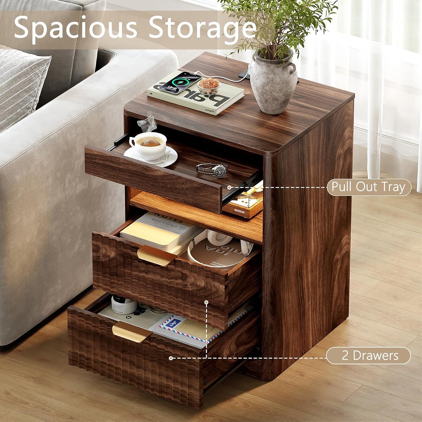 REAHOME Fluted Nightstand Set of 2 with Charging Station, Modern LED Night Stand with 2 Drawers and Pull Out Tray, Wood Bedside Table, End Side Table with Open Shelf for Bedroom,Walnut