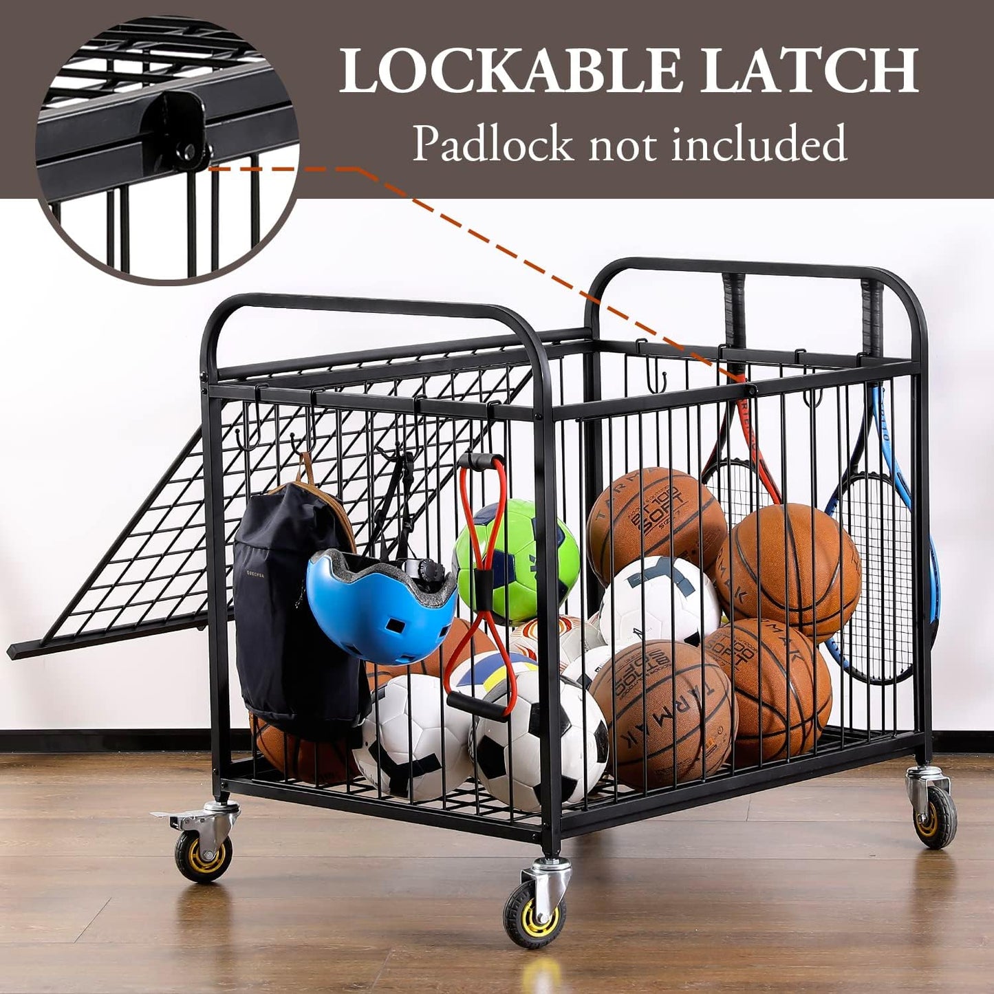 MyGift Large Capacity Metal Rolling Multi Sports Ball Cage Storage Hopper, Gym Equipment Basket Cart with Lockable Latch, Heavy Duty Caster Wheels, and 8 Accessory Hooks