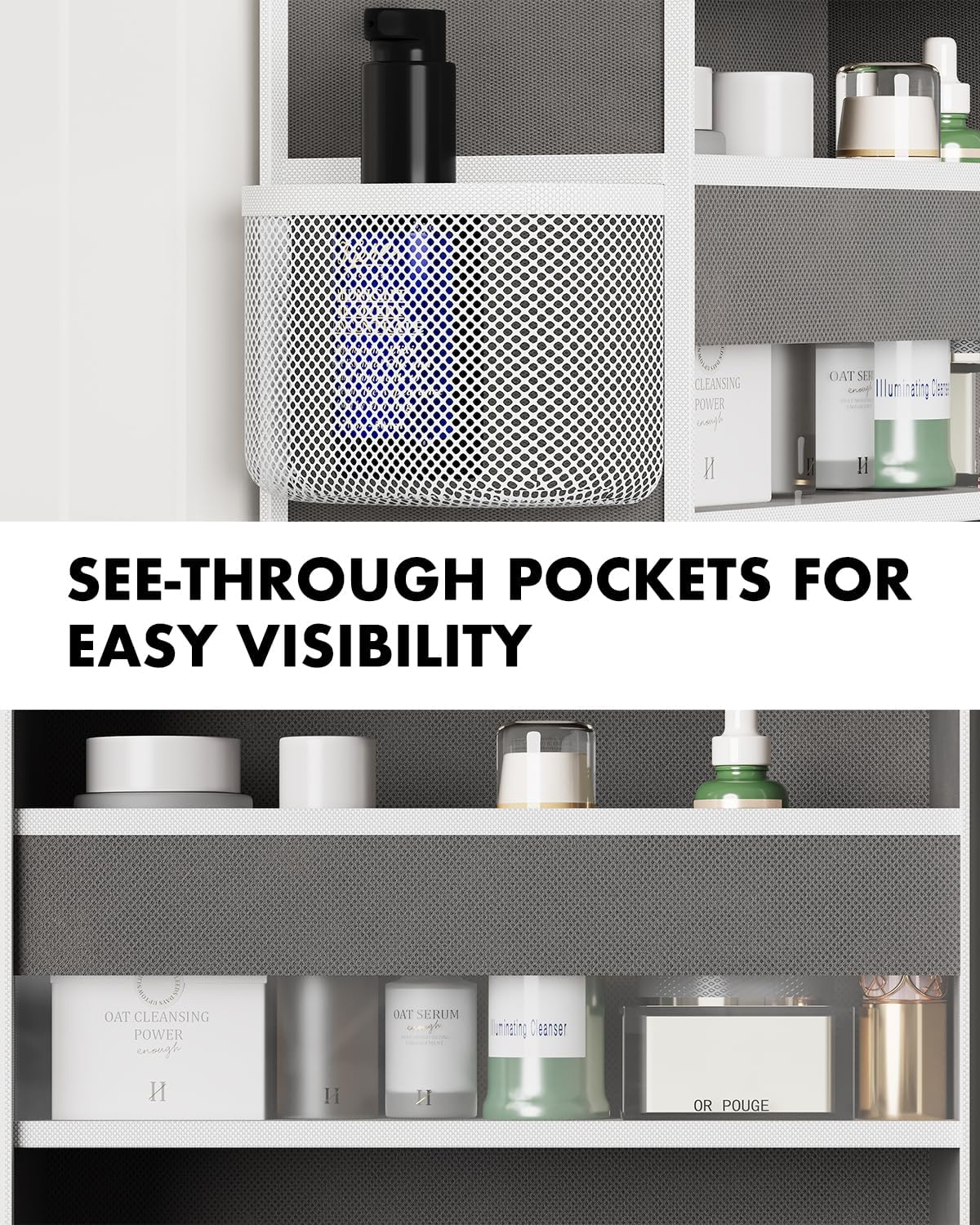 Over The Door Organizer with 6 Large Clear Pockets 12 Mesh Side Pockets - 50LB Heavy Duty Behind Door Storage, Door Hanging Storage for Closet Bathroom Pantry Nursery Laundry
