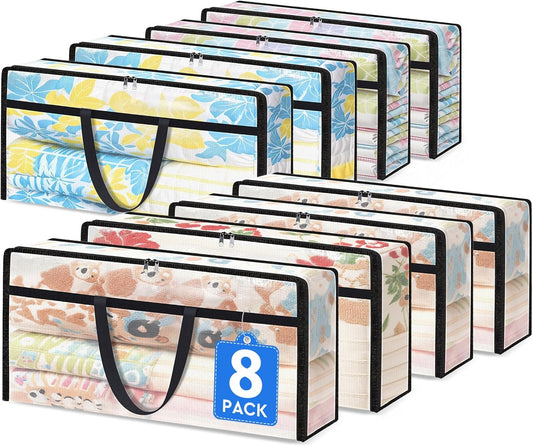 8 Pack Long Clear Storage Bags for Comforter, Clothes & Bedding, Plastic Blanket Storage with Zipper and Handle, Moving Bags, Closet Organizer and Under-Bed Storage (90L, 39.4"*7.1"*19.7")