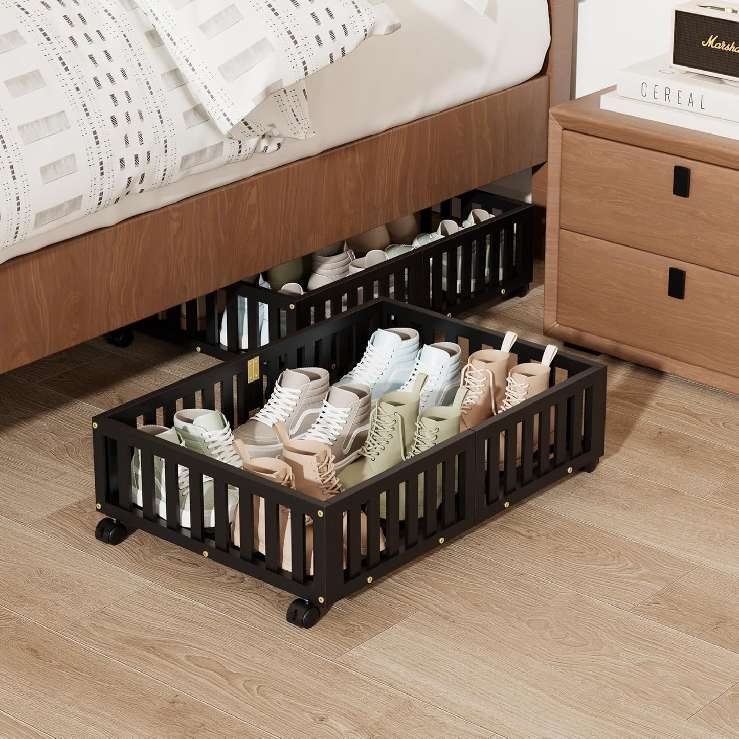 Bamboo Under Bed Storage with Wheels,Rolling Underbed Shoe Organizer Box for Shoes,Blankets,Toys,Clothes Container Space-Saving Bins for Bedroom,Closet,Dorm,Nursery