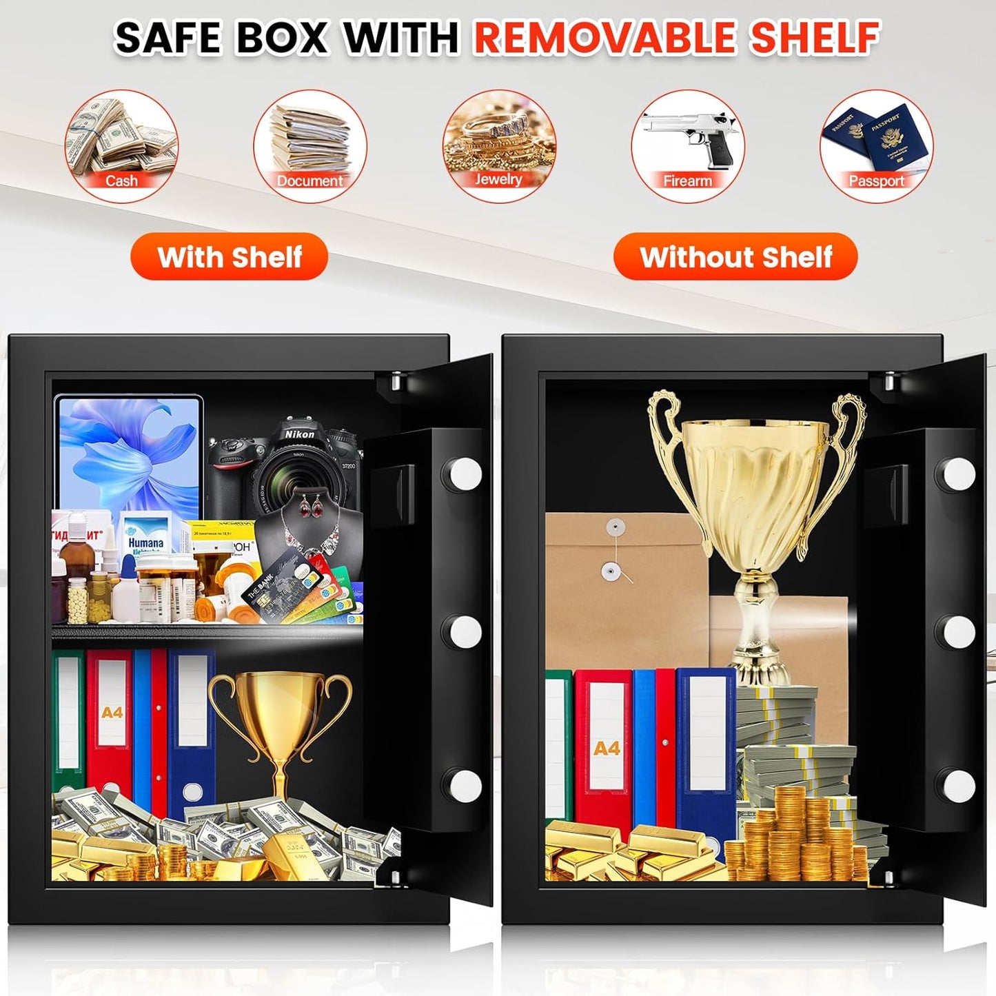 1.3 Cuft Biometric Safe Box, Fire Proof Safe For Home Documents with Fingerprint Lock, Combination Keypad Keys, Anti-Theft Dual Alert, Mute Mode, Digital Security Personal Safes for Money Jewelry