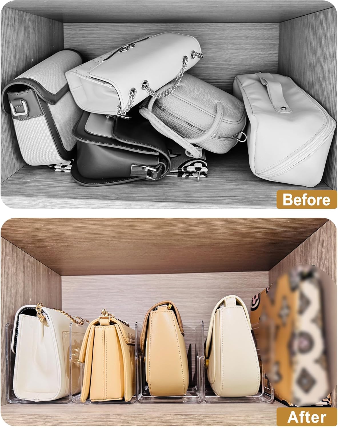 2-Pack Purse Organizers for Closet with 8 translucent Dustproof Storage Bags, Clear Acrylic 8-Slot Handbag Storage Shelf, No Assembly – Keeps Your Handbags Upright, Clear L