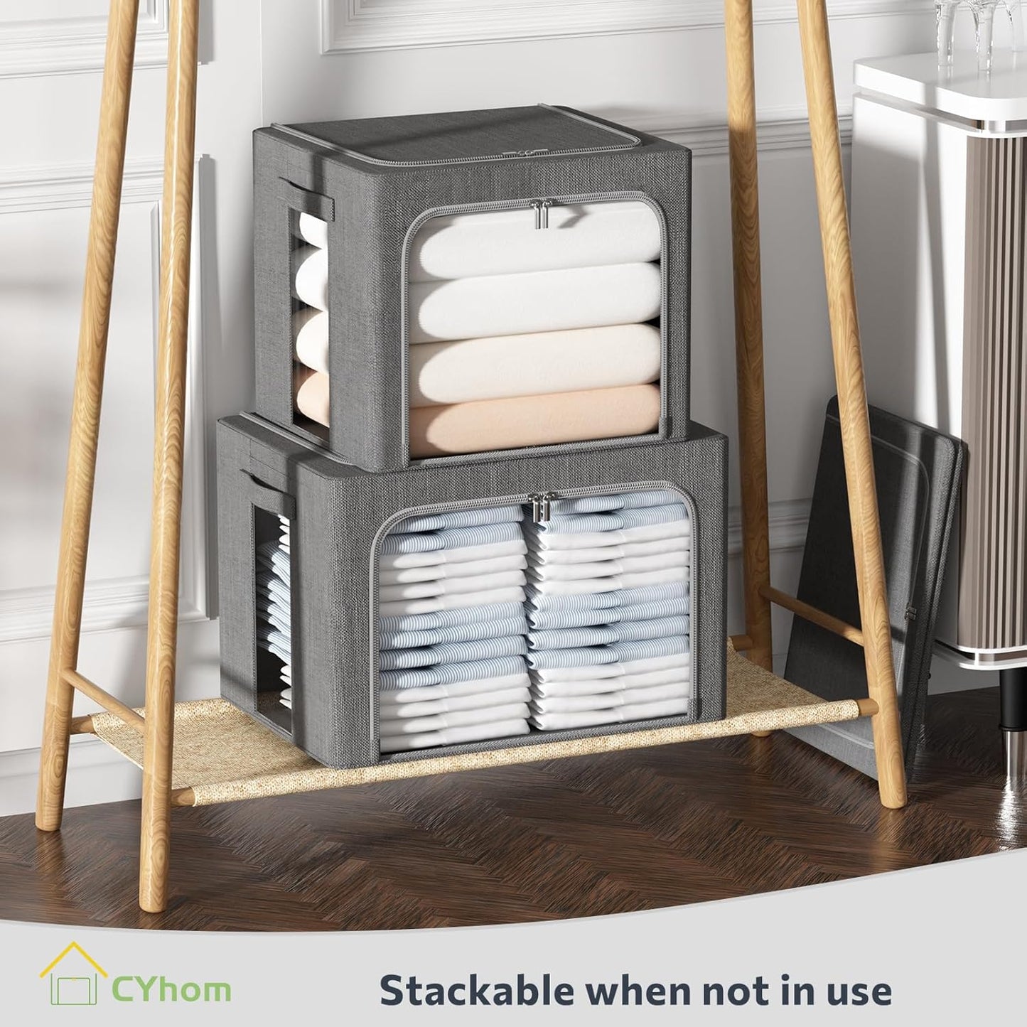 CYhom Extra Large Clothes Storage Bins - Linen Fabric Foldable Stackable Container Organizer Set with Clear Window & Carry Handles & Metal Frame (Dark Gray, Extra Large-100L)