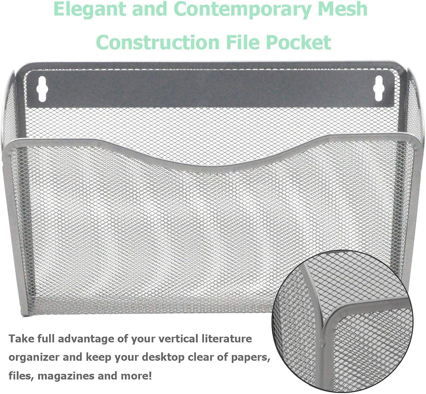 EASEPRES 3 Single Pocket Mesh Hanging File Organizer, Vertical Wall Mounted Magazine File Holder, Mount Basket Mail Paper Document Folder Organizing for Office, Home and School, Silver
