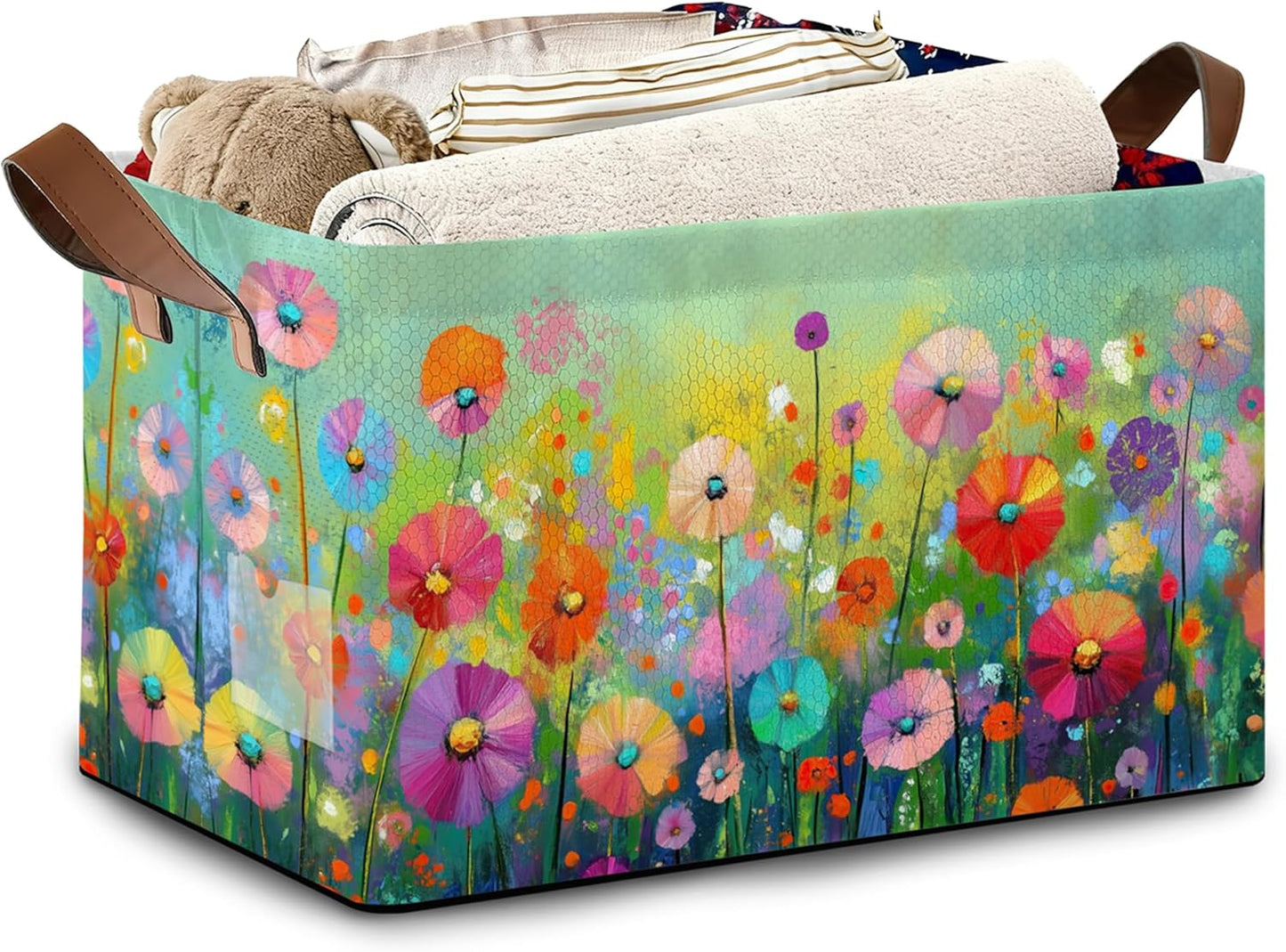 Retro Flowers Floral Storage Basket with Handles,Colorful Collapsible Rectangle Organizer Bin for Room Decoration Books Box Baskets 17x11.5x10Inch