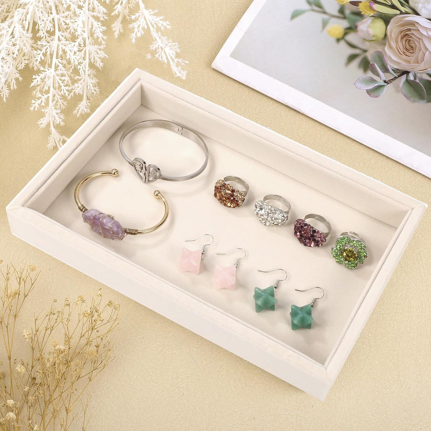 Mornajina 9" x 5.7" Velvet Jewelry Tray Jewelry Display Tray, Stackable Empty Plate Trays for Earrings Necklaces Bracelet Rings Display Showcase - Light Khaki