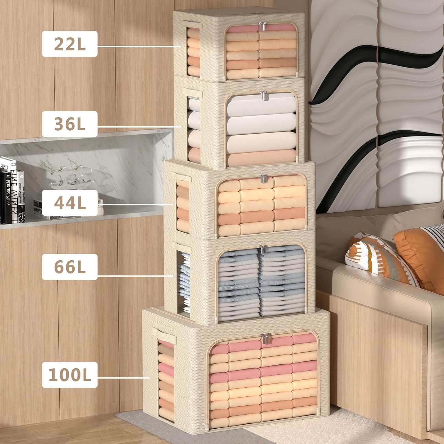 CYhom 3Pack Frame Storage Box - Clothes Storage Bin Bags Oxford Fabric Foldable Stackable Container Organizer Set with Clear Window & Carry Handles Large Capacity (Beige, Extra Large-100L)