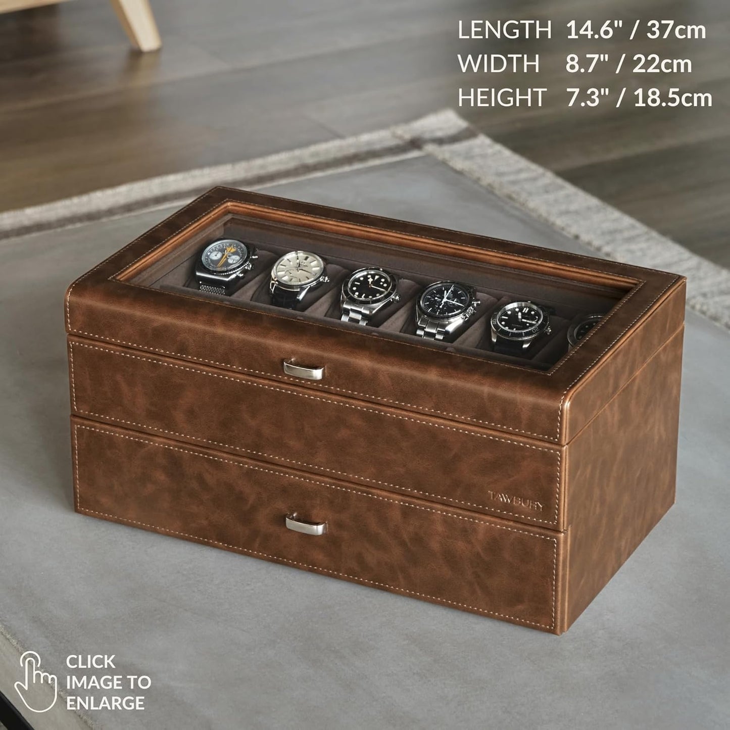TAWBURY 24 Slot Watch Box for Men - Extra Large Watch Case with Double-Layer Design for Optimized Storage | Removable Drawer for Easy Handling (Brown)