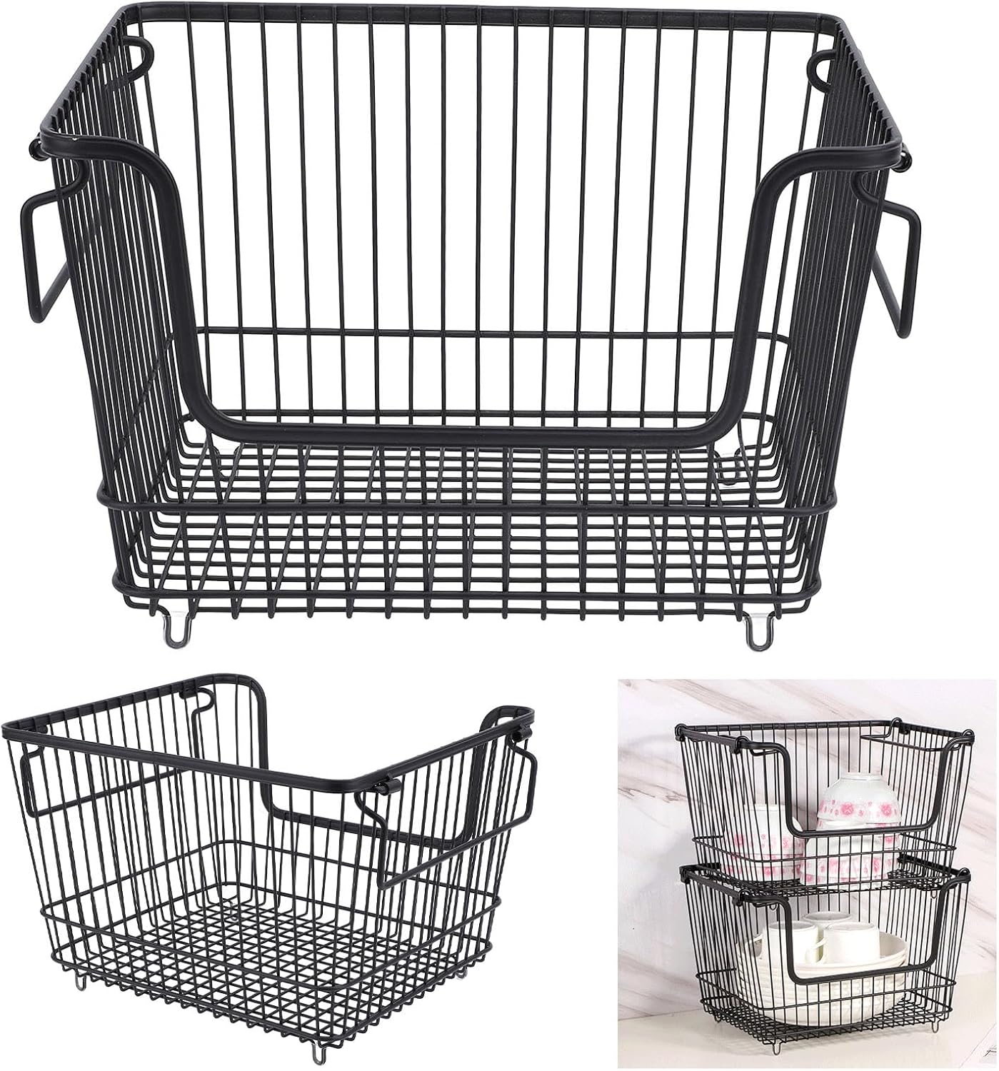 Tyenaza Freezer Organizer Bin Keep Tidy Metal Stackable Fruits Meat Wire Basket for Kitchen Home Use L Black