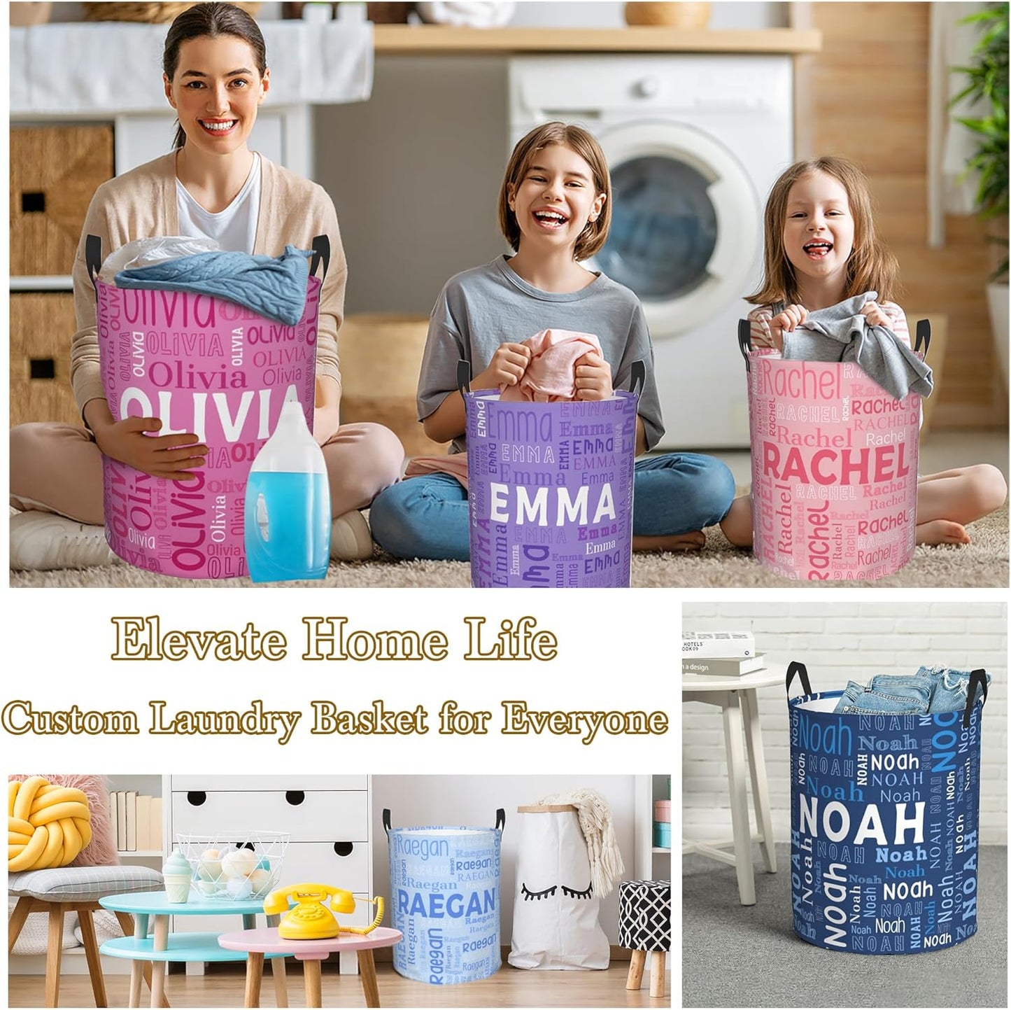 Custom Name Laundry Hamper, Personalized Laundry Basket with Name for Boys Girls Kids Men Women, Customized Name Dirty Clothes Basket Gifts for Clothes Toy Bathroom Bedroom Laundry Room Dorm