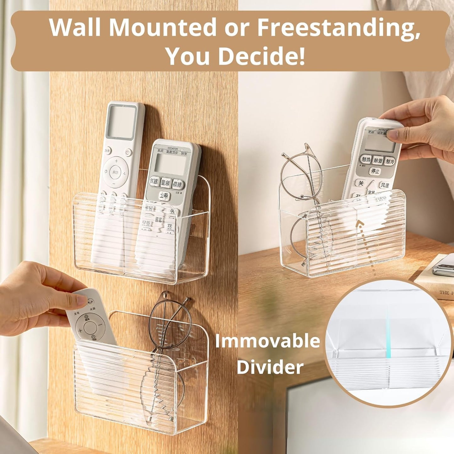 LINFIDITE 2 Pack Adhesive TV Remote Control Holder Wall Mount TV Remote Holder For Bedside Wall Remote Control Caddy Storage Organizer Stand Box （For 2 Or 4 Remote Controls – Transparent ）