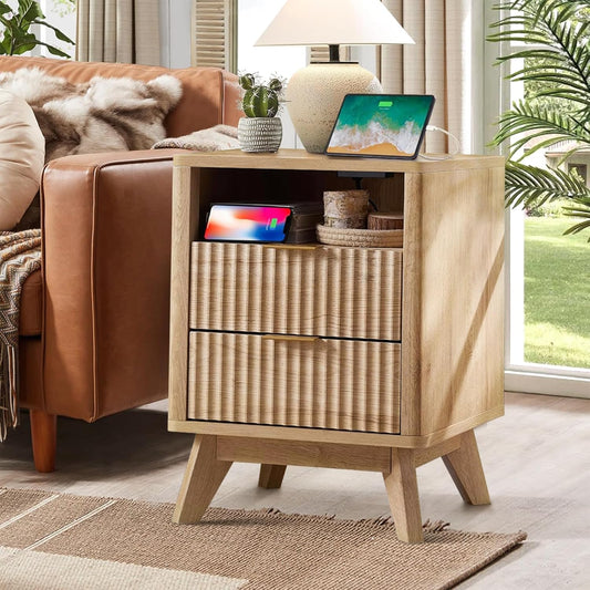 Fluted Nightstand - 24" Modern Bedside Table w/ 2 Drawers, Wood Bed Side End Table with Open Shelf, Night Stand with Storage Drawer, Curved Design Night Stands for Bedroom Living Room (Nature)