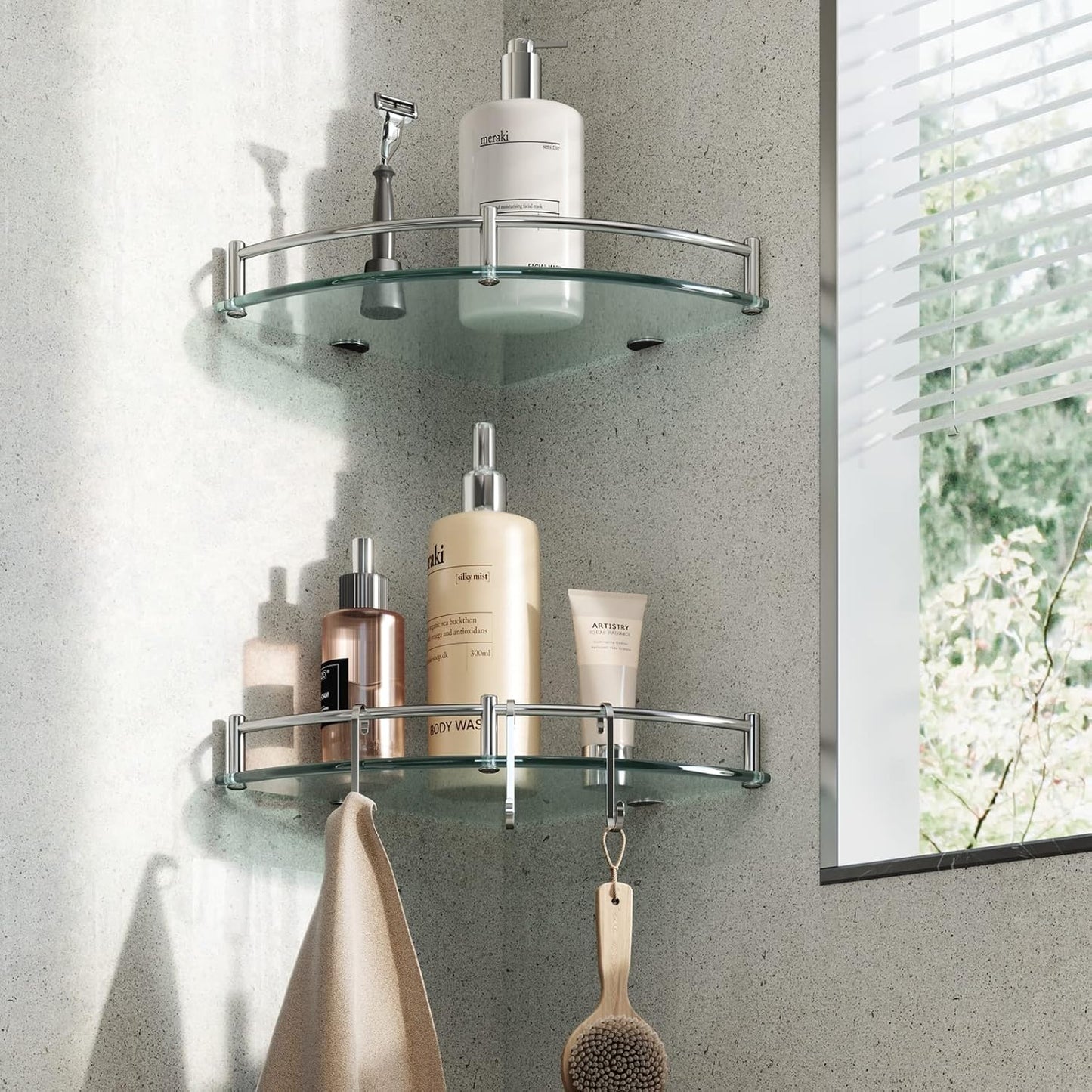 HouseMila Glass Shower Shelves, 2 Tier Tempered Glass Corner Shelf Shower Organizer with Extra 3 Hangers Shower Shelves for Inside Shower