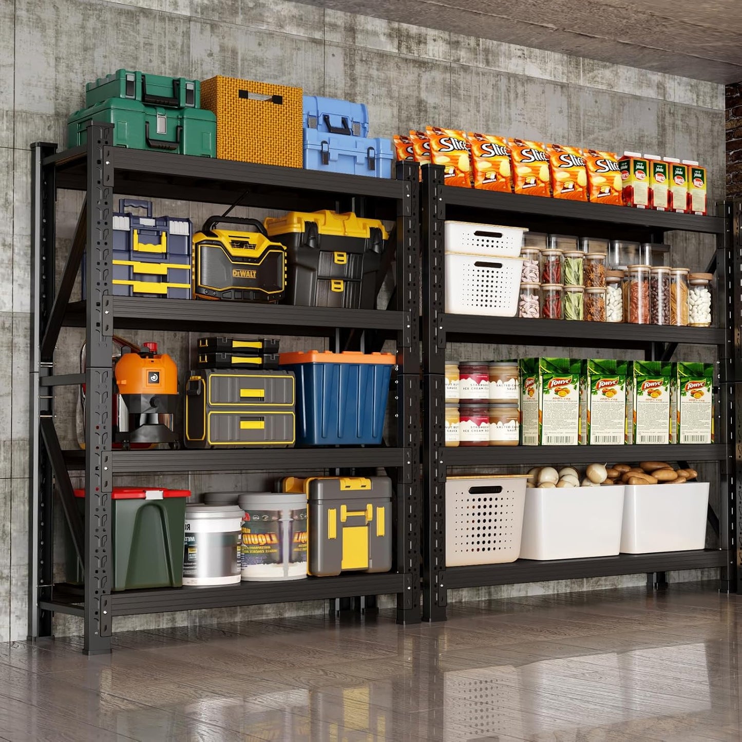 63" H Storage Garage Shelving Unit, 2500LBS Heavy Duty Metal Shelves Organization, Adjustable 4 Tier Utility Storage Shelf Rack for Industrial, Basement, Warehouse (Black, 19.7" D×31.5" W×63" H)