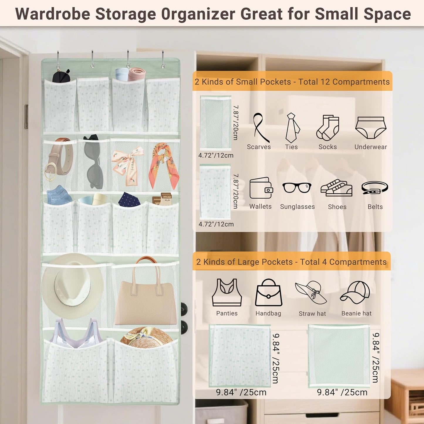 16 Pockets Over Door Hanging Organizer,Back of Door Shoes Organizer with 4 Kind of Pouches,Behind Closet Hanging Shelf Holder for Sock,Hat,Underwear,Travel Outfit,Storage Organization for Home,Dorm,RV