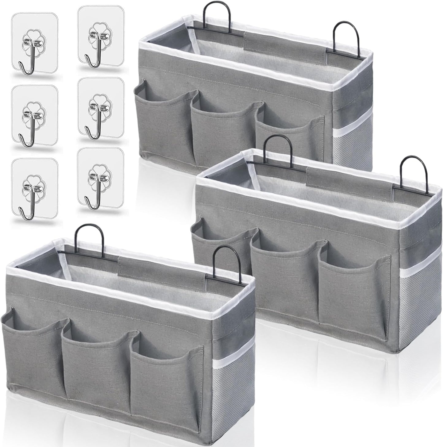 2pcs 3-pockets Large Wall Hanging Organizer Bag, Linen Fabric Door Hanging Storage Baskets with Pockets, Waterproof Bin for Kitchen, Bedroom, Office, RV Camper (Gray-3pcs)