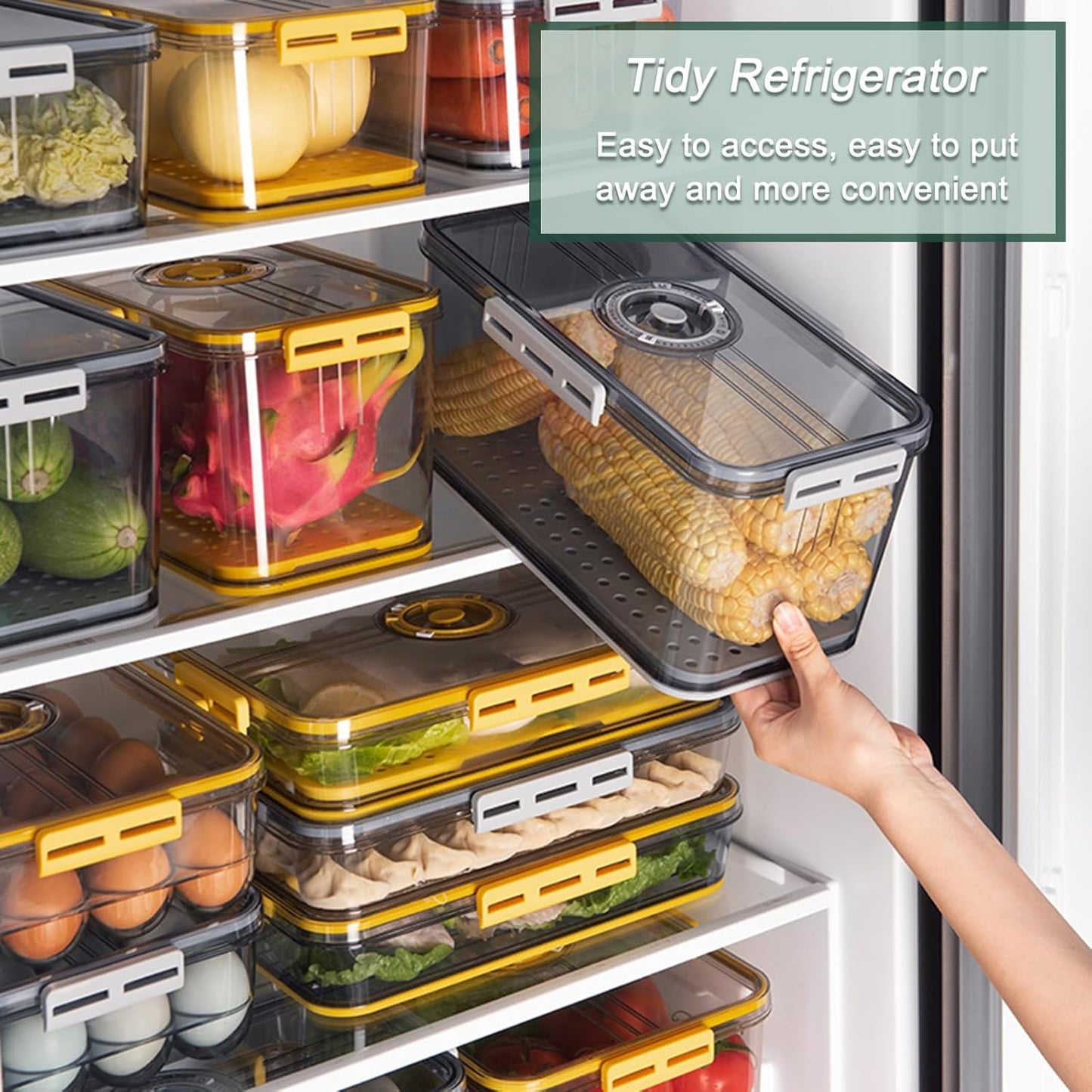 CottonColors Fridge Organizer, Food Storage Containers With Lids for Timer & Drain Board Stackable Refrigerator Organizers and Storage(Tall & Large, Small, 4.5 L + 2 L, 2 Pack)