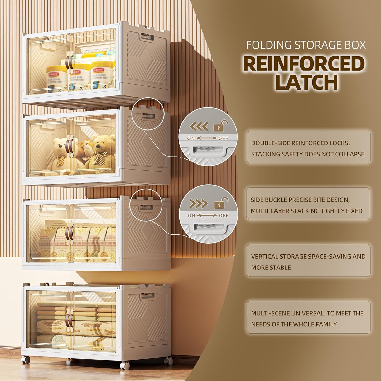416 QT / 104 Gal Stackable Collapsible Storage Bins with Magnetic Doors & Wheels - Space-Saving Plastic Organizer Cabinet for Closet, Office, Home (White)
