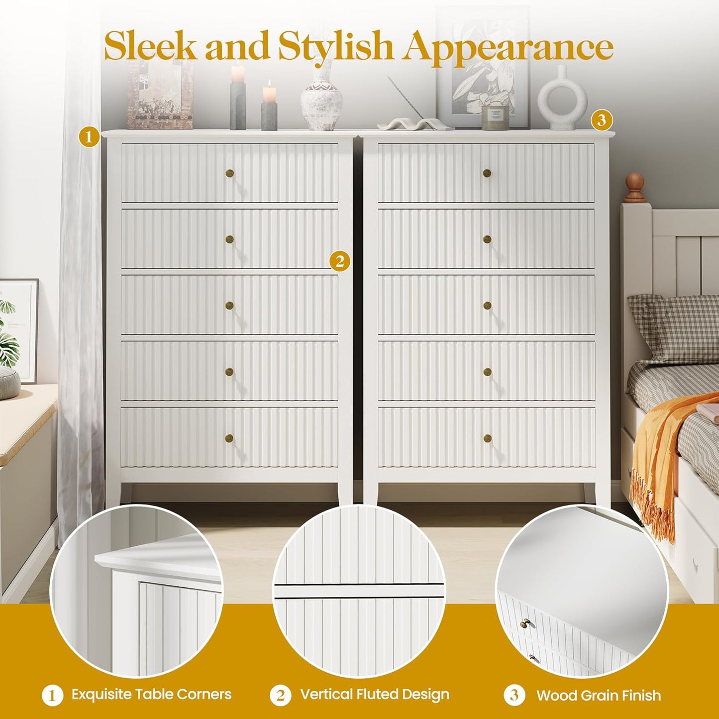 RoyalCraft White Fluted 5 Drawer Dresser for Bedroom, Tall Chest of Drawers, Waterproof Lacquered Desktop,Modern Wood Storage Cabinet for Living Room