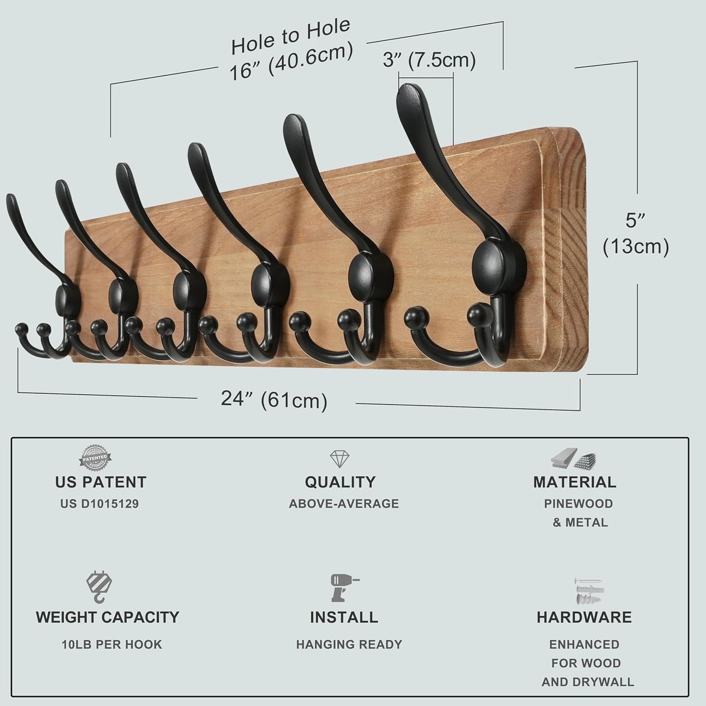 Dseap Coat Rack Wall Mounted - 24" Long 6 Tri Hooks, Heavy Duty Wooden Wall Coat Hanger Coat Hook for Clothes Hat Jacket Clothing, Weathered Yellow and Black
