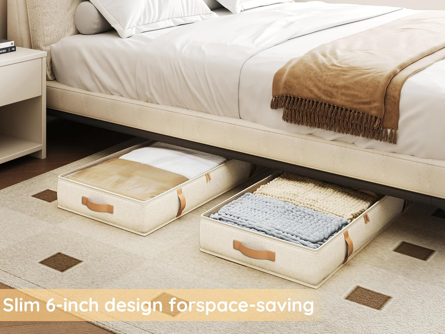 Vailando Storage Containers, 6 Inches Tall 60L Underbed Storage Bins with Leather Handles and Sidewalls, Closet Organizer for Clothes, Blankets, Seasonal Items, Beige with Brown, 2-Pack