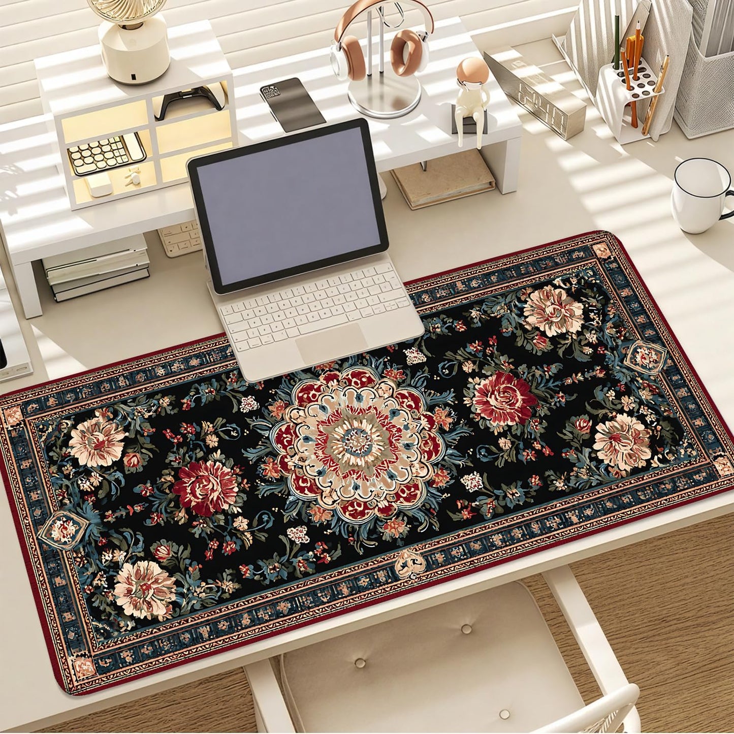 Vintage Persian Carpet Mouse Pad – Large Extended Desk Mat 35.43 x 15.75 in – Oriental Floral Rug Design, Non-Slip Rubber Base, Stitched Edges, Soft Keyboard & Mouse Mat for Office or Gaming