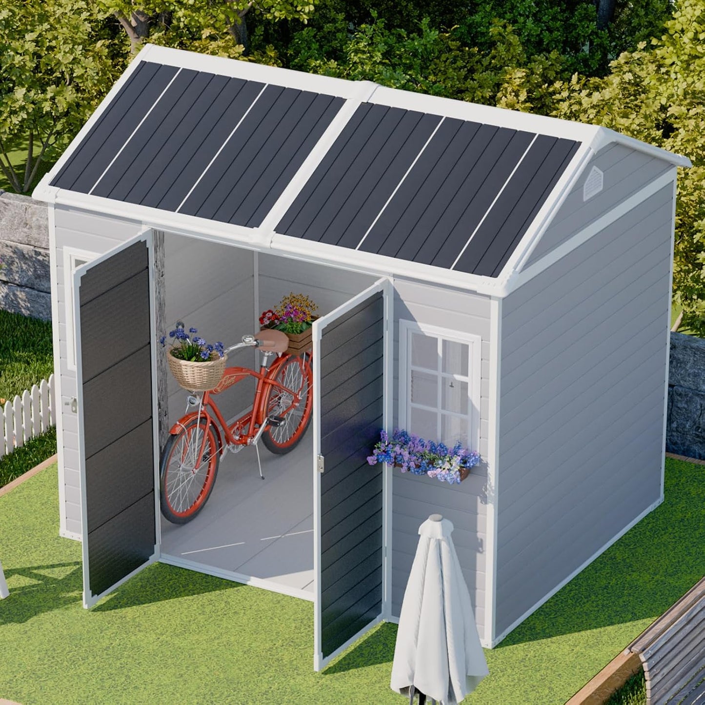 8x6 Shed, Heavy-Duty Outdoor Storage Shed with Floor, Waterproof Plastic Resin Garden Shed for Backyard, Tool Storage with Lockable Double Doors Awning Windows