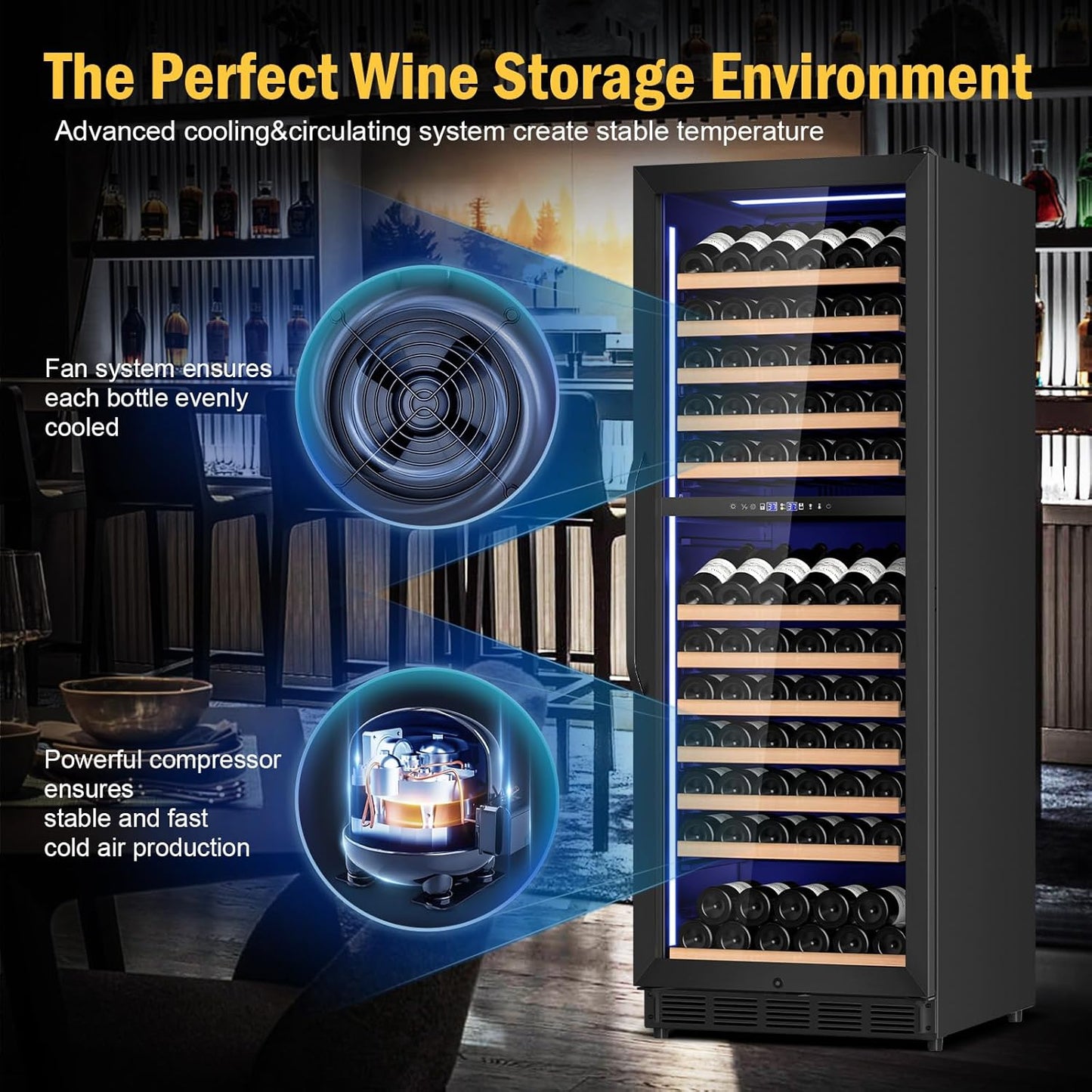 Wine Fridge Dual Zone, Freestanding Wine Cooler Refrigerator 180 Bottles Large Capacity with Sliding Rail Wooden Shelves and Door Lock, Black