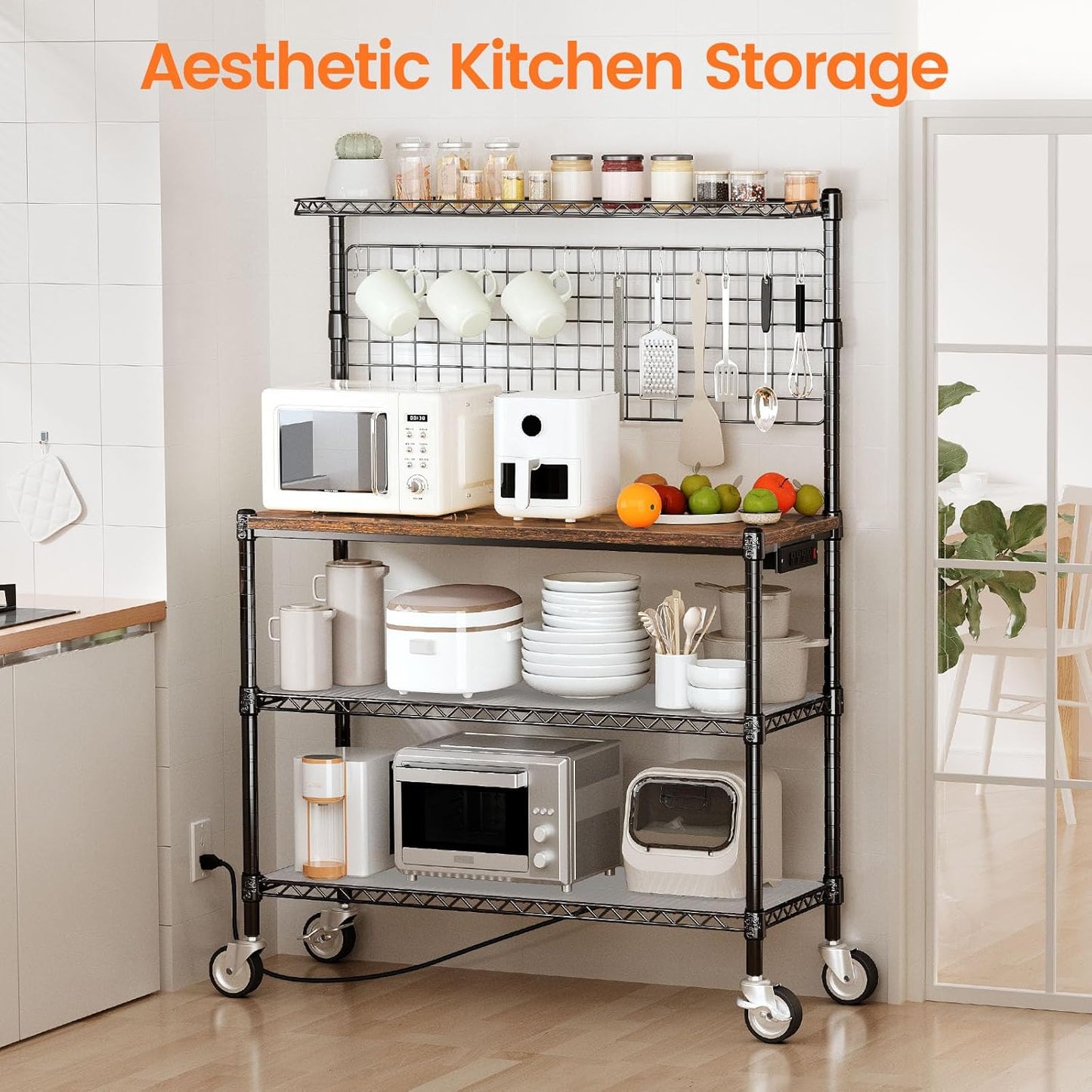 Leteuke Bakers Rack with Power Outlet & Storage, 36 Inch Microwave Stand Kitchen Cart, 4-Tier Metal Kitchen Shelves Cart with Wheels & 20 S-Hooks for Kitchen, NSF Certified, 63 x 18 x 36 Inch-Black