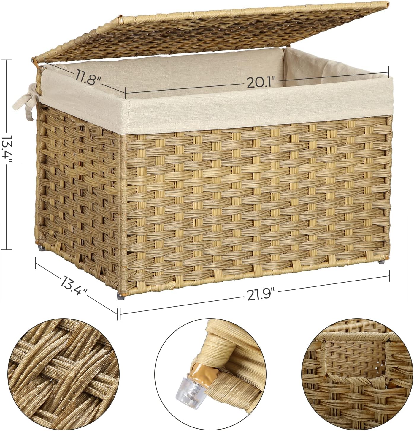 SONGMICS Storage Basket with Lid, Woven Blanket Storage Bin with Handles, Foldable, Removable Liner, Metal Frame, for Bedroom, Laundry Room, 17.2 Gallons (65 L), Natural URST56NL