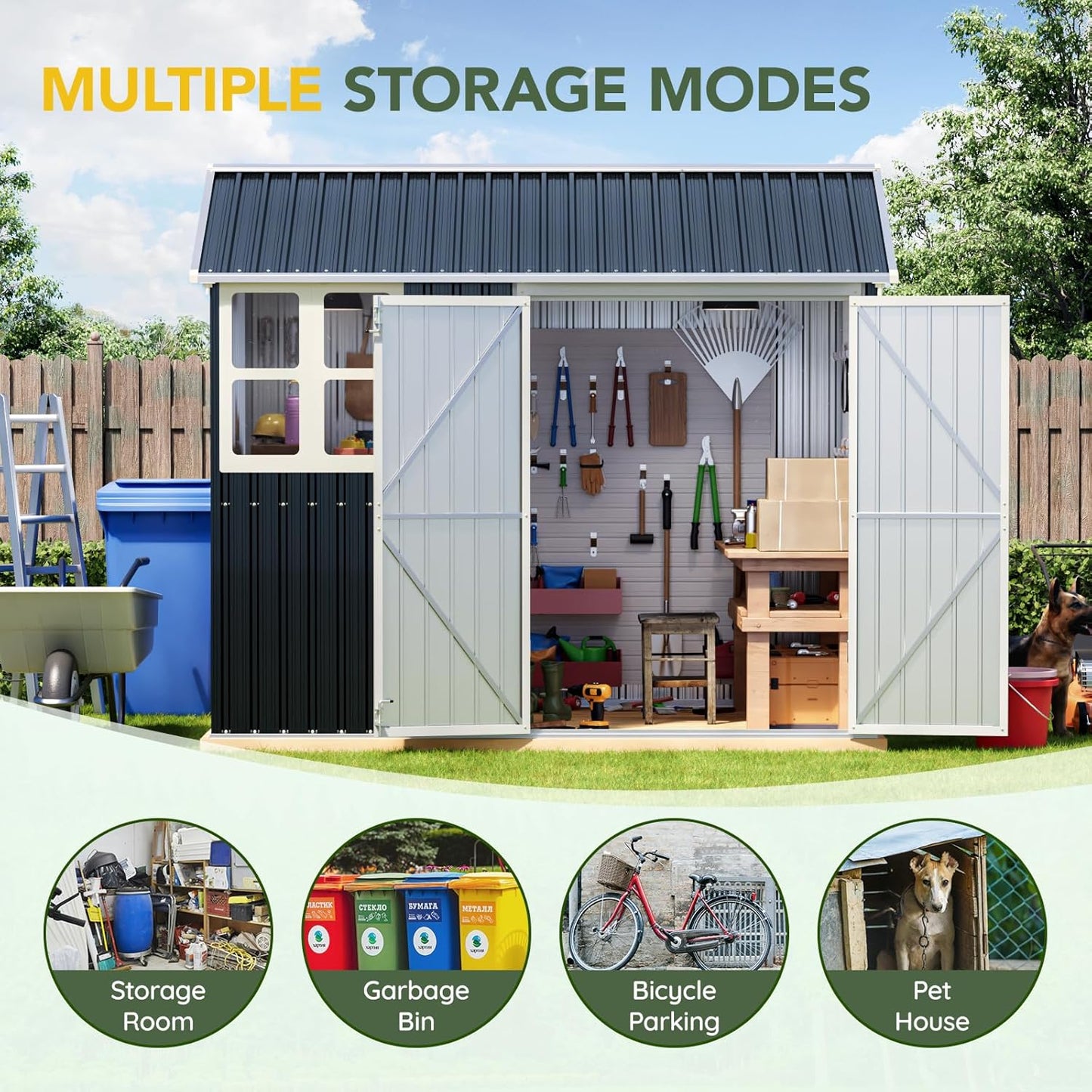 Breezz 6X8FT Outdoor Steel Storage Shed with Frame Floor,Clear Window, Lockable Doors, Weather-Resistant Metal Tool Shed for Garden, Backyard, Patio, and Utility Storage,Nightblue