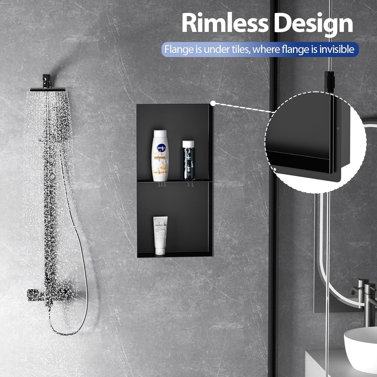 Stainless Steel Shower Niche 12" X 24", No Tile Needed Wall Niche Shower with Double Shelves, Recessed Shower Shelf for Bathroom Storage, Matte Black