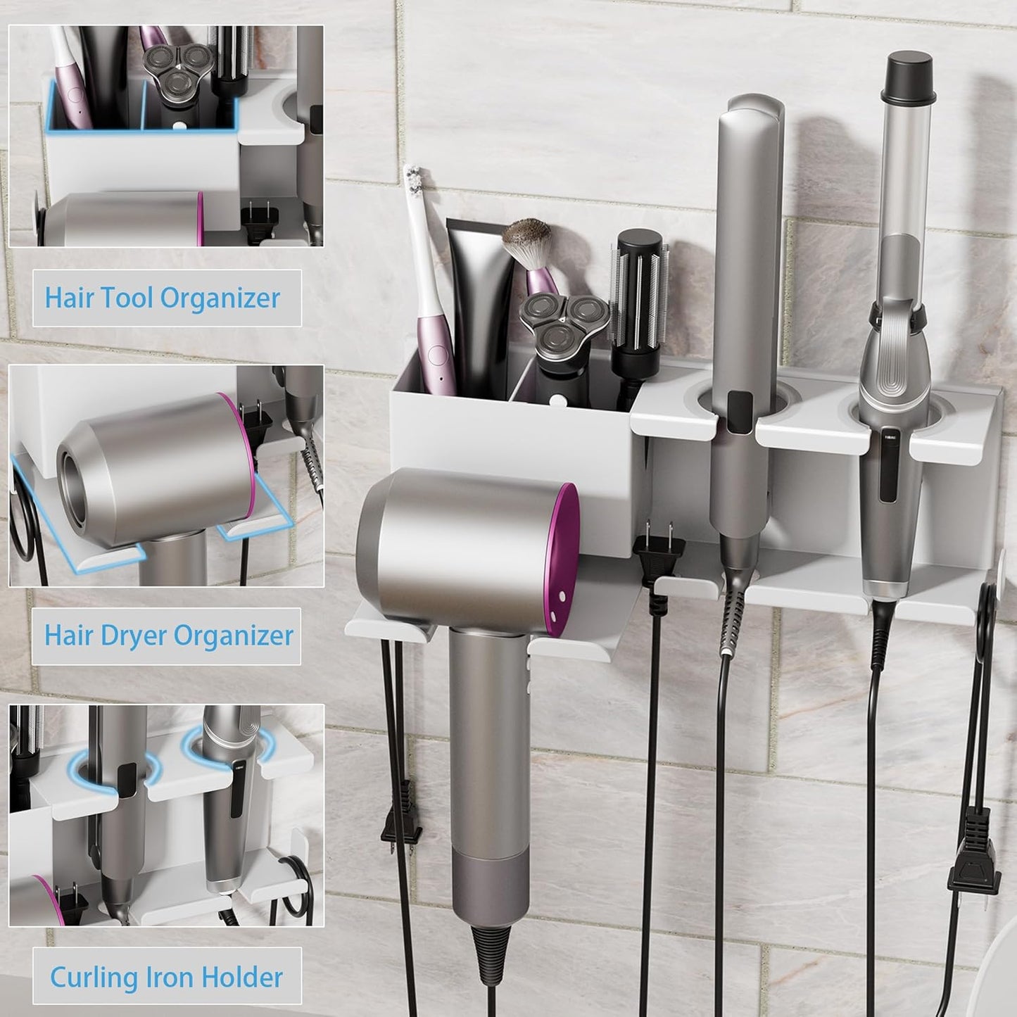 Hair Dryer Holder, Hair Tool Organizer Wall Mount, Metal Blow Dryer Holder, Curling Iron Holder, Curling Iron, Hair Dryer Wall Mount, Bathroom Accessories Tools Organizer, White