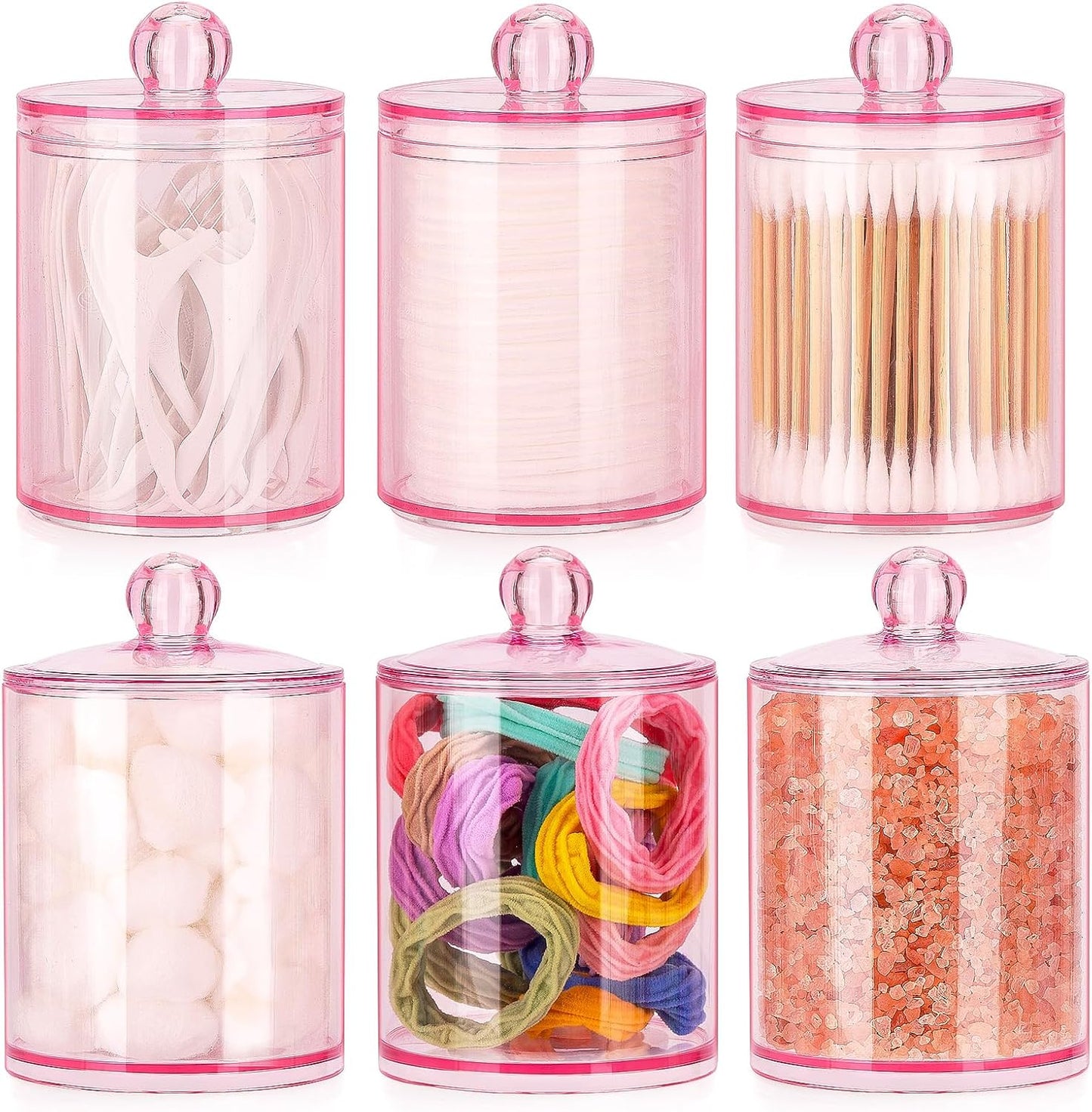 Tbestmax 6 Pack Qtip Holder - 12 oz, 10 oz Bathroom Organizer and Storage Containers, Plastic Apothecary Jars with Lids for Cotton Ball, Cotton Swab, Floss, Pink