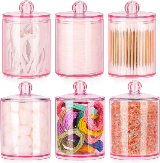 Tbestmax 6 Pack Qtip Holder - 12 oz, 10 oz Bathroom Organizer and Storage Containers, Plastic Apothecary Jars with Lids for Cotton Ball, Cotton Swab, Floss, Pink